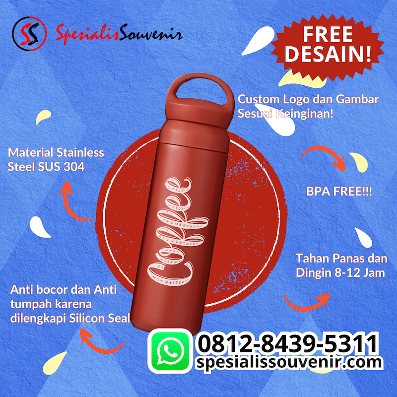 Tumbler custom stainless steel desain logo perusahaan untuk souvenir promosi eksklusif.