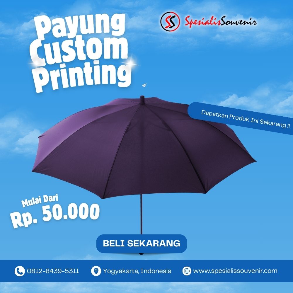 Payung custom dengan logo perusahaan untuk souvenir promosi eksklusif yang berkualitas dan tahan lama.