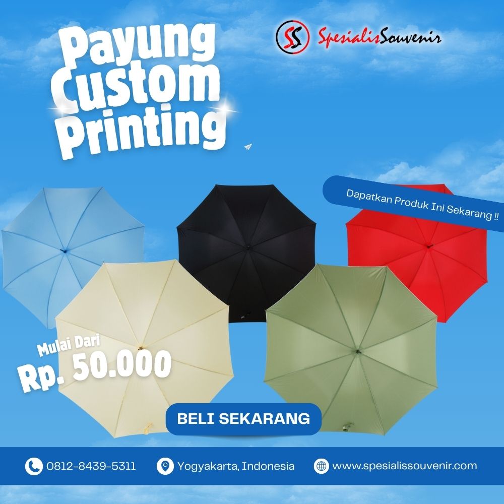 Payung custom murah dengan desain logo eksklusif untuk promosi bisnis atau souvenir acara yang awet dan berkualitas.