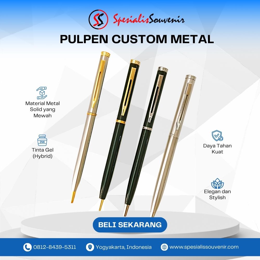 Pulpen custom logo eksklusif dengan desain grafis tajam untuk kebutuhan promosi perusahaan atau souvenir acara formal.