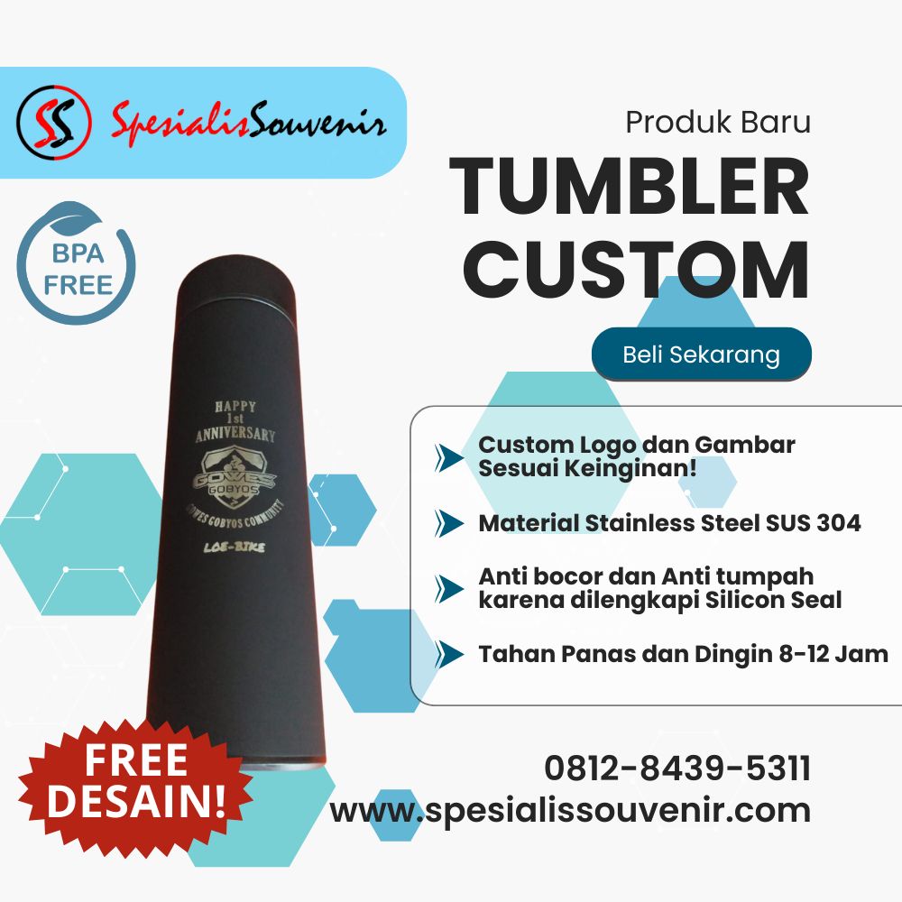 Tumbler souvenir perusahaan eksklusif berlogo custom untuk hadiah promosi kantor yang elegan.
