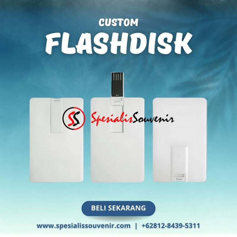 Flashdisk custom eksklusif dengan logo perusahaan, desain tipis elegan untuk kebutuhan promosi profesional.