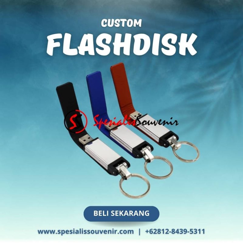 Souvenir USB flashdisk kulit custom logo dan nama dengan desain tipis dan elegan untuk kebutuhan promosi perusahaan