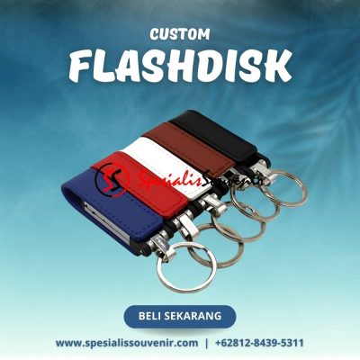 Souvenir flashdisk kulit gantungan kunci custom logo dan nama dengan desain eksklusif untuk kebutuhan seminar dan corporate gift.