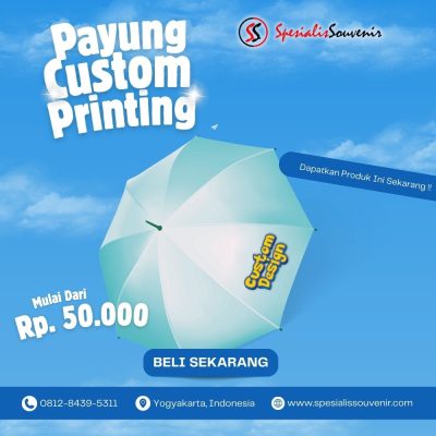 desain payung custom dengan logo perusahaan full color untuk branding dan promosi bisnis.