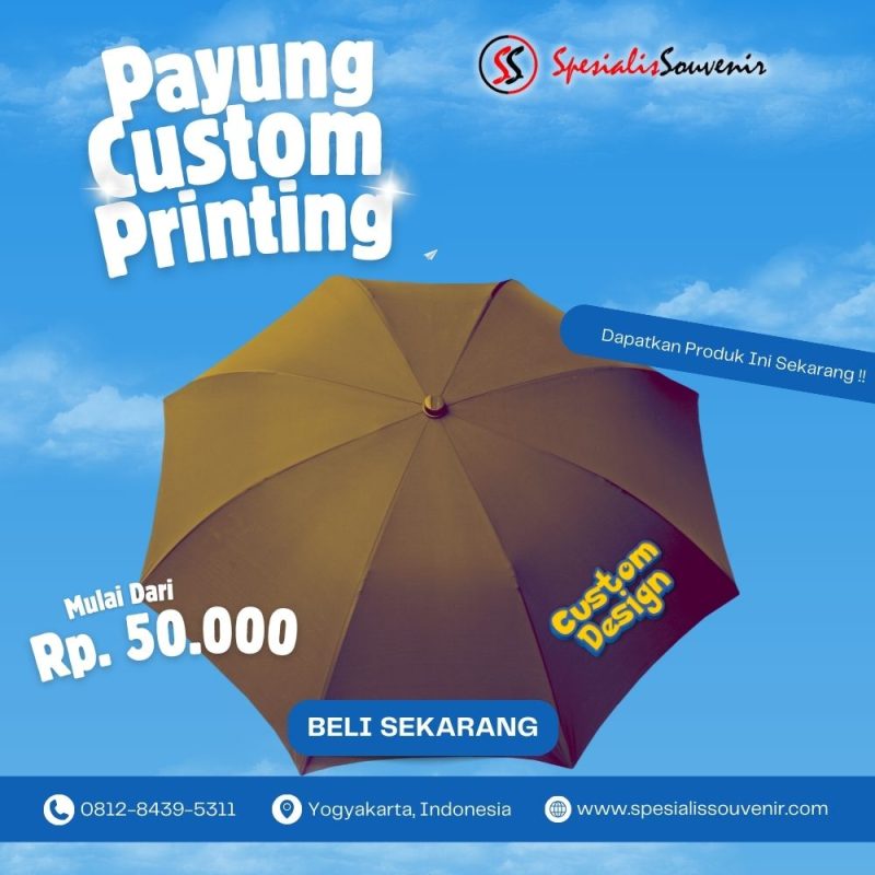 custom payung denpasar dengan desain payung custom logo perusahaan dan payung golf custom untuk event promosi.