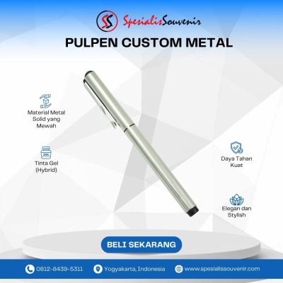 Pulpen custom murah dengan logo perusahaan untuk promosi, tersedia model plastik dan metal dengan berbagai pilihan warna dan desain.
