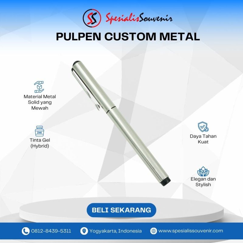 Pulpen custom murah dengan logo perusahaan untuk promosi, tersedia model plastik dan metal dengan berbagai pilihan warna dan desain.
