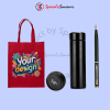 Custom seminar kit lengkap berupa tas spunbond, tumbler, dan pulpen untuk acara perusahaan.