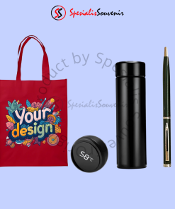 Custom seminar kit lengkap berupa tas spunbond, tumbler, dan pulpen untuk acara perusahaan.