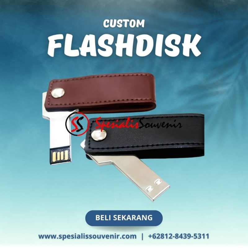 flashdisk custom kulit dengan logo perusahaan sebagai barang promosi profesional.