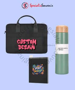 Flashdisk seminar kit dengan tas laptop, notebook, dan tumbler untuk paket seminar eksklusif.