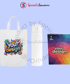 Isi seminar kit promosi dengan tas spunbond, notebook, dan tumbler sebagai souvenir event.