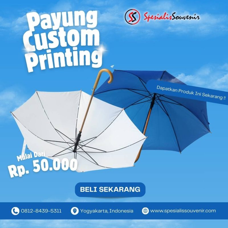 cetak payung custom satuan dengan desain logo rapi untuk souvenir dan hadiah personal