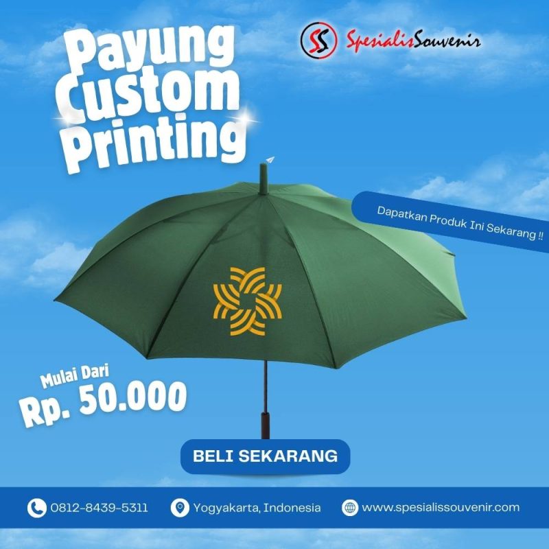 Payung custom Depok dengan desain payung custom logo full color untuk kebutuhan promosi dan souvenir perusahaan.