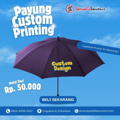 Payung custom Depok dengan desain logo perusahaan untuk promosi bisnis dan souvenir event.