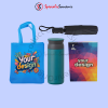 Seminar kit bagus berisi tas spunbond, notebook, tumbler, dan payung untuk acara seminar.