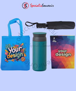 Seminar kit bagus berisi tas spunbond, notebook, tumbler, dan payung untuk acara seminar.