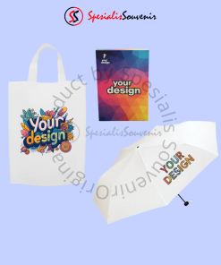 Paket seminar kit bimtek lengkap dengan tas spunbond, notebook, dan payung sebagai perlengkapan peserta.