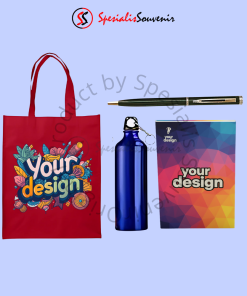 Contoh seminar kit Bogor terdiri dari tas spunbond, notebook, tumbler, dan pulpen promosi.