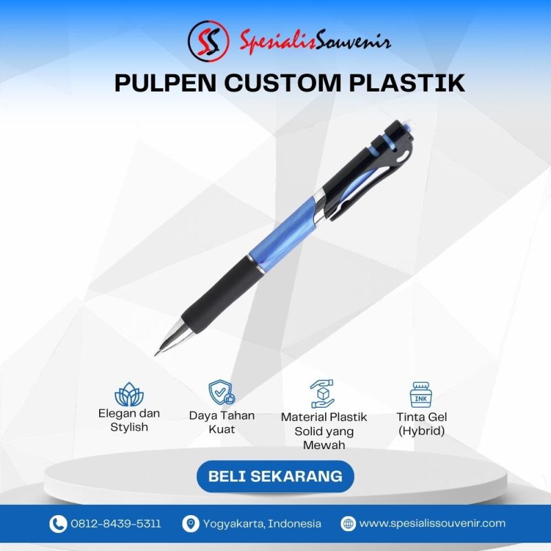 Pulpen custom perusahaan dengan logo dan nama untuk souvenir branding profesional.