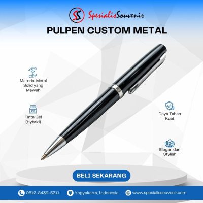Pulpen custom polos dengan logo perusahaan sebagai media branding promosi profesional dan elegan.