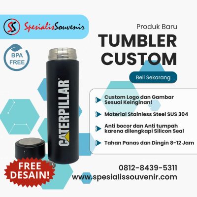 tumbler custom depok untuk promosi dengan desain logo brand dan grafir nama profesional.