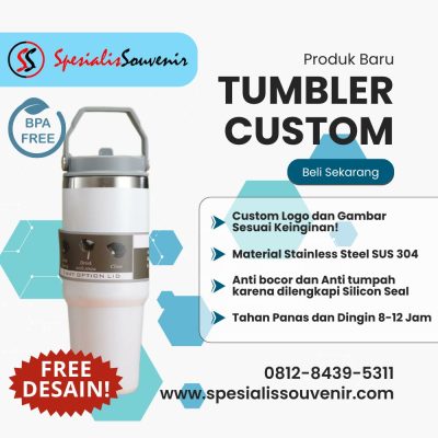 custom tumbler di Bogor untuk promosi dengan desain logo perusahaan dan bahan berkualitas.