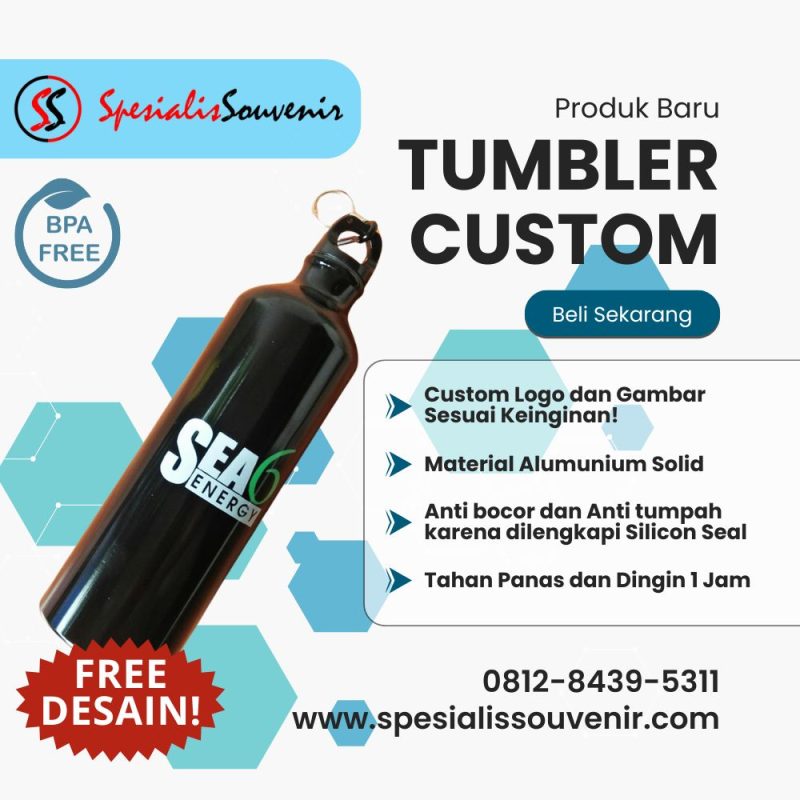tumbler custom full print dengan desain nama anak dan logo perusahaan berkualitas premium.