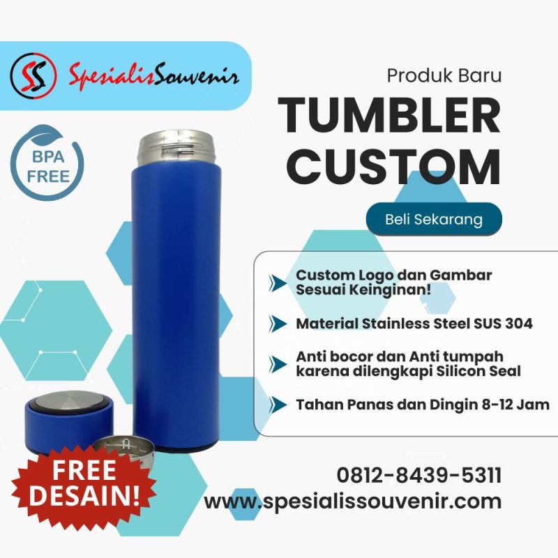 tumbler custom grafir elegan dengan logo perusahaan sebagai souvenir branding tahan lama.