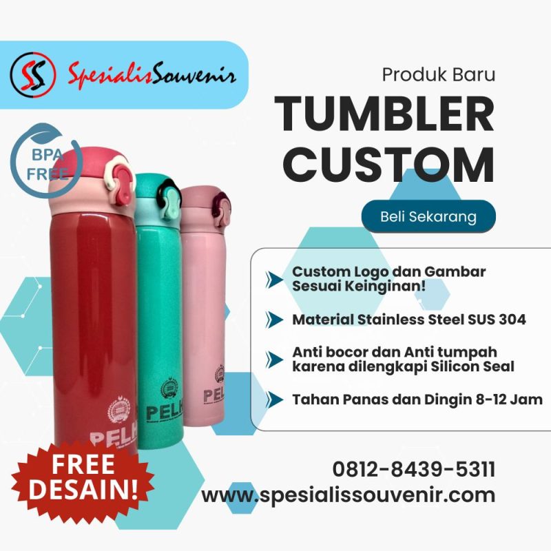 tumbler custom grosir murah dengan desain logo dan nama, cocok untuk souvenir promosi dan acara perusahaan.