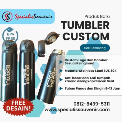 tumbler custom garut untuk souvenir promosi bisnis dengan berbagai ukuran dan desain logo.