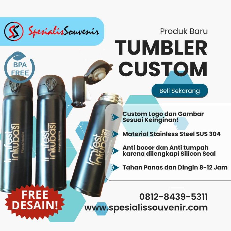 tumbler custom garut untuk souvenir promosi bisnis dengan berbagai ukuran dan desain logo.