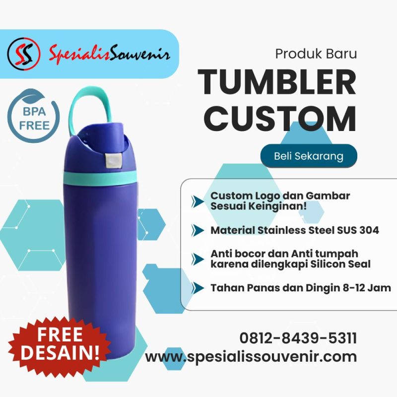 tumbler gelas custom berkualitas dengan desain logo perusahaan dan berbagai ukuran kapasitas.