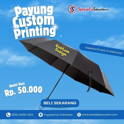 payung custom di Bali dengan desain logo perusahaan untuk souvenir promosi dan media branding tahan lama.