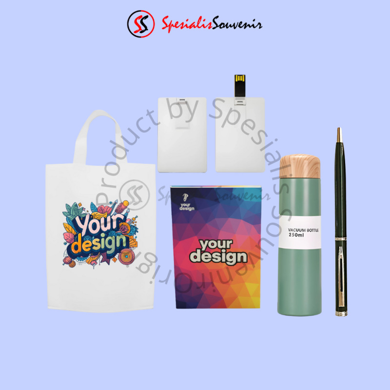 Vendor seminar kit profesional menyediakan tas spunbond, notebook, tumbler, pulpen, dan flashdisk.