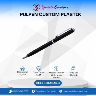 pulpen plastik custom promosi dengan desain logo perusahaan dan pilihan warna modern.