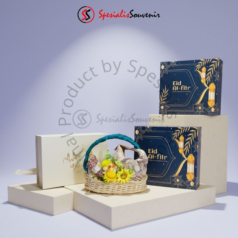 hampers-lebaran-ekonomis Hampers Lebaran rotan eksklusif isi mangkok keramik motif dan tumbler custom.