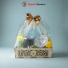 Hampers Idul Fitri custom premium box kayu isi sajadah travel.