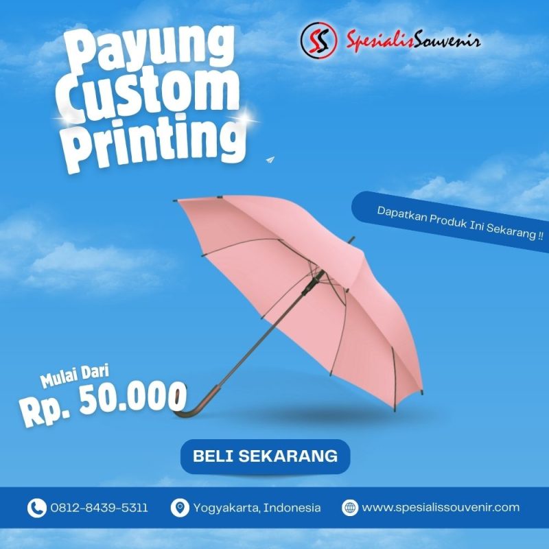 payung custom foto dengan desain gambar promosi dan logo untuk souvenir perusahaan dan event.