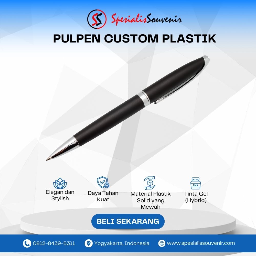 Pulpen promosi desain elegan dengan logo kustom sebagai merchandise perusahaan profesional yang efektif.