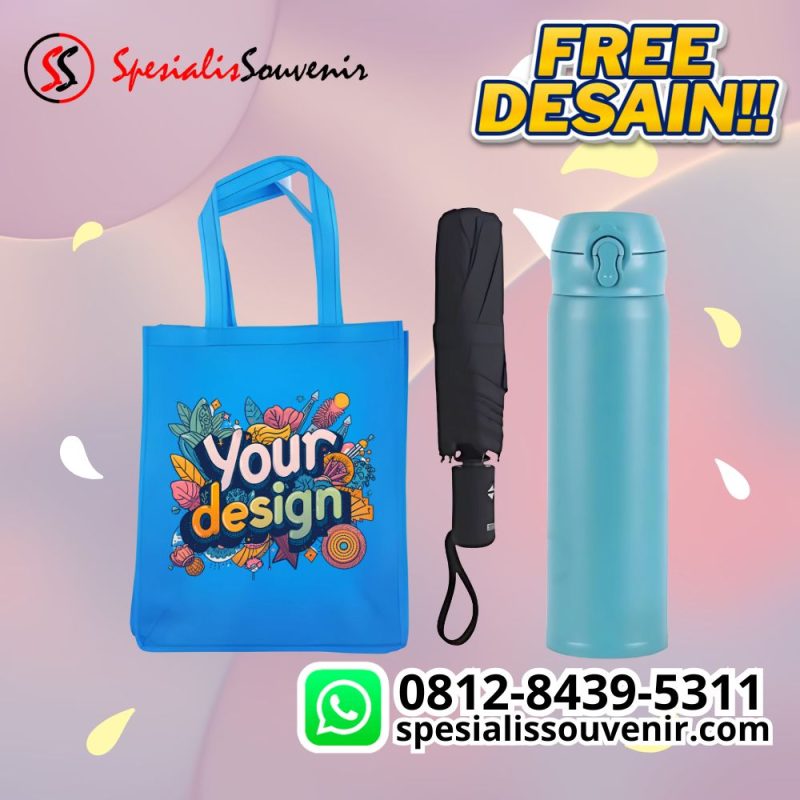 Gambar seminar kit modern dengan tas laptop custom dan desain profesional untuk event perusahaan.