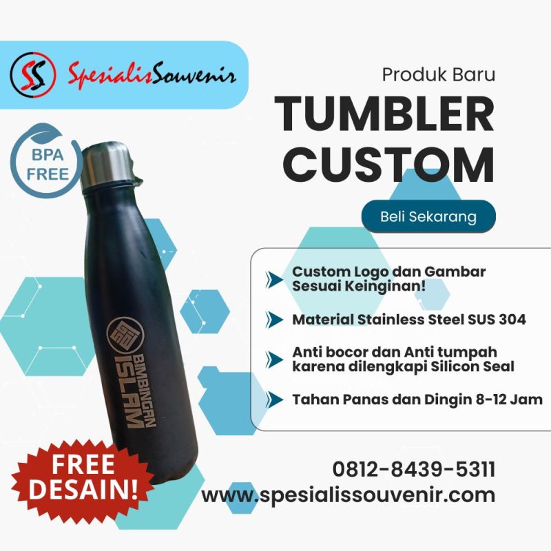 custom tumbler grosir Surabaya untuk souvenir event dan merchandise bisnis dengan desain logo profesional.