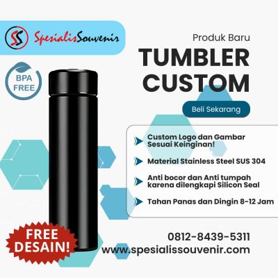 tumbler custom nama desain eksklusif untuk promosi bisnis dan souvenir perusahaan.