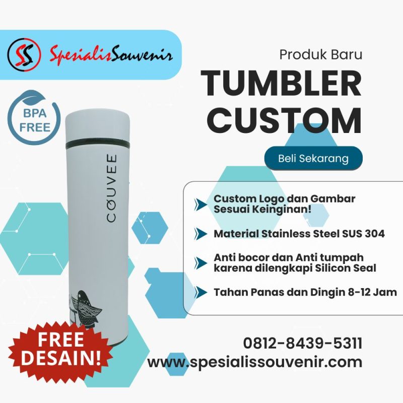Tumbler custom murah berkualitas premium dengan berbagai ukuran dan desain untuk souvenir dan promosi branding.