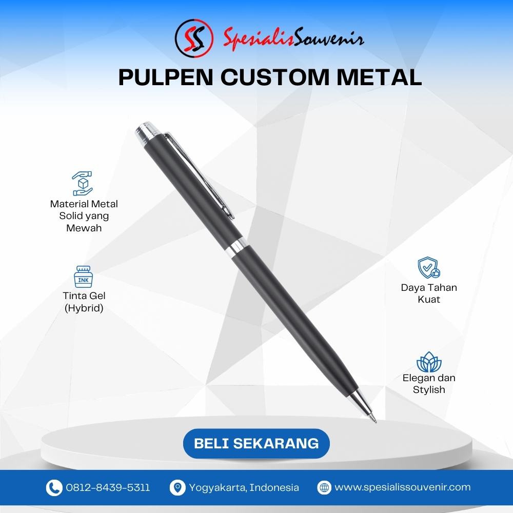 Contoh pulpen custom eksklusif berlogo perusahaan untuk souvenir kantor dan promosi bisnis terbaik.