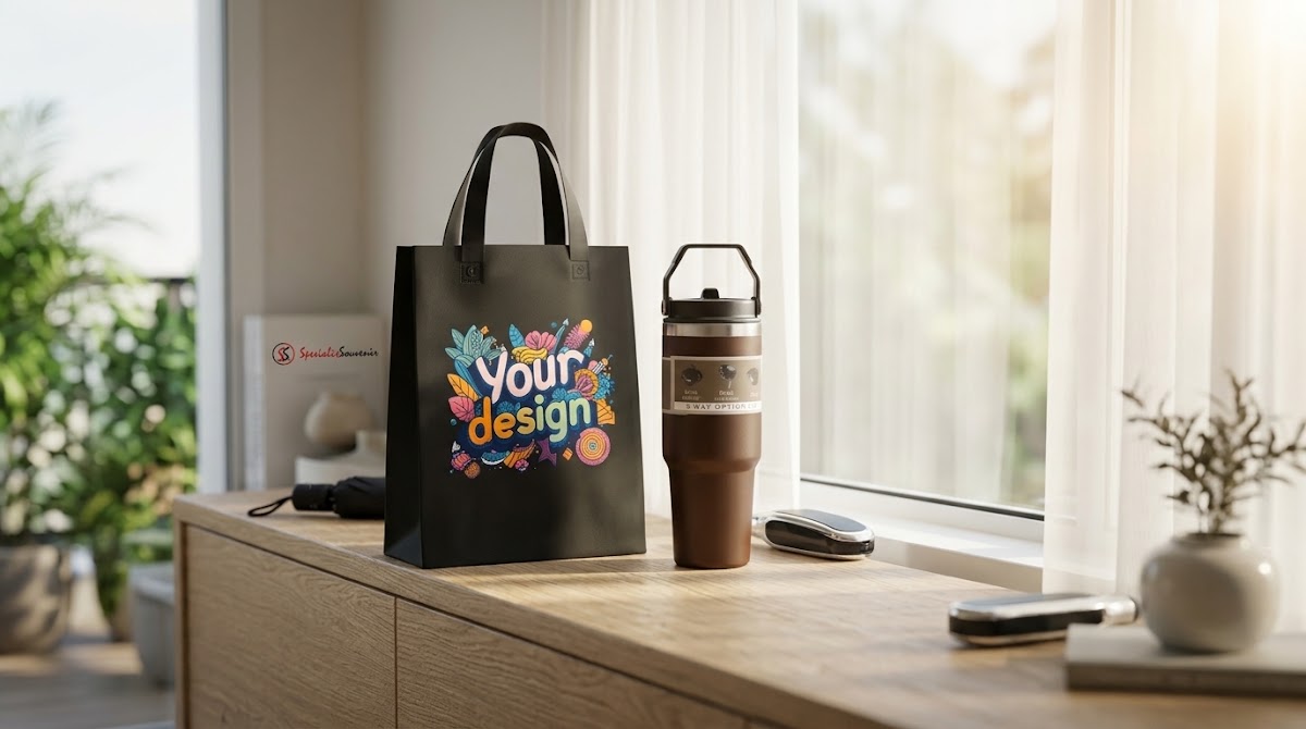 Souvenir perusahaan custom eksklusif berlogo untuk klien dan seminar kantor.